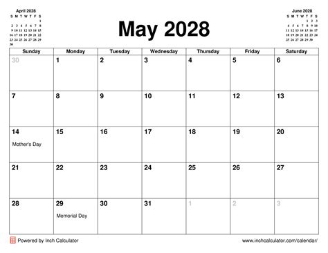 May 2028 Calendar - Inch Calculator