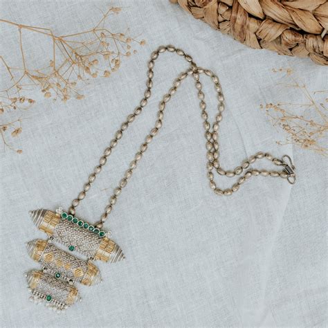 German Sliver Ethnic Pendant With Chain – Tiara Trendz