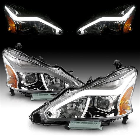 AmeriLite for 2013-2015 Nissan Altima 4 Door Sedan LED Tube Chrome Square Projector Headlights ...