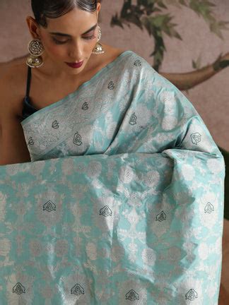 Handwoven Pure Katan Silk Blue Kadwa Jaal Silver Zari Banarasi Saree ...