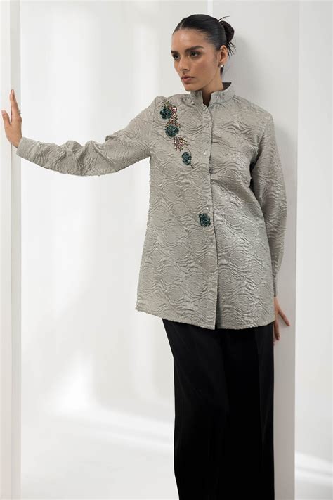 Embossed silk applique work shirt mint green – Puneetkapoorlabel
