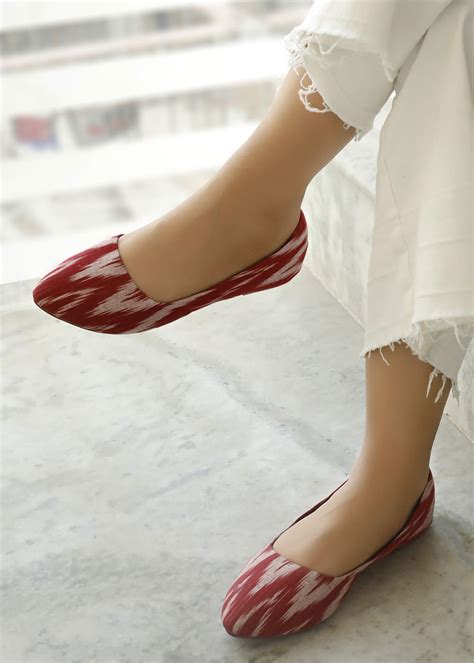 Get Cherry Red Ikkat Cruelty Free Leather Flat Ballerinas at ₹ 2199 ...
