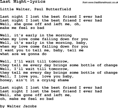 Blues Guitar lesson for Last Night-lyrics, with Chords, Tabs, and Lyrics