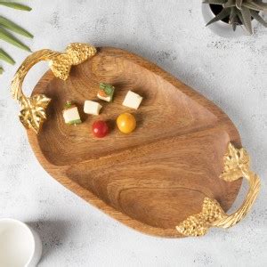 Homesake Natural Wooden Oval compartment tray with Golden leaf handle ...