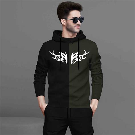 Mens Full Sleeve Hooded Neck Dual Color Printed T-shirt Black & Olive ...