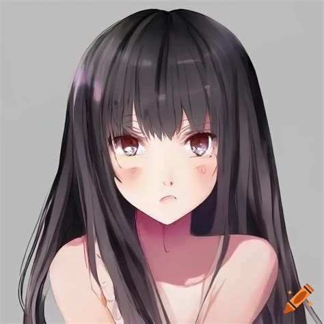 Pretty anime girl with long black hair and bangs and a mole under left ...