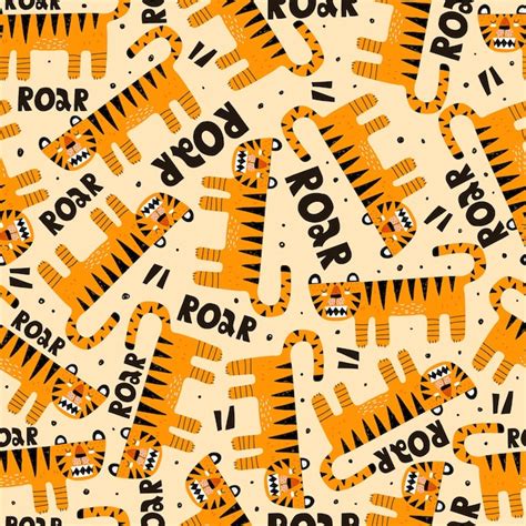 Wzór z kreskówki tygrysy ręcznie rysunek napis | Wektor Premium