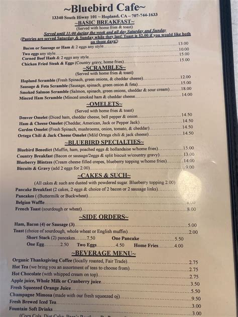 Menu at Bluebird Cafe, Hopland, US-101
