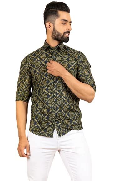 RADHE MOBILE Mens Casual Green Sanganeri Lycra Full Sleeves Shirts(Size ...