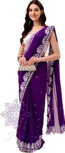 Buy HESVI Embroidered Lucknow Chikankari Georgette Purple Sarees Online ...