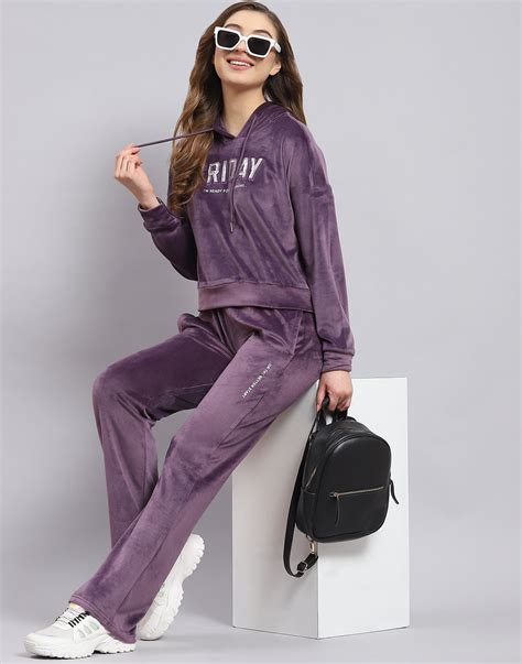 Buy Women Purple Embroidered Hooded Full Sleeve Tracksuit Online in ...