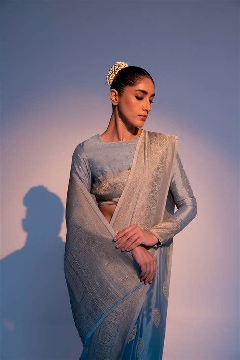 Pastel Blue Viscose Saree With Butti – Binal Patel