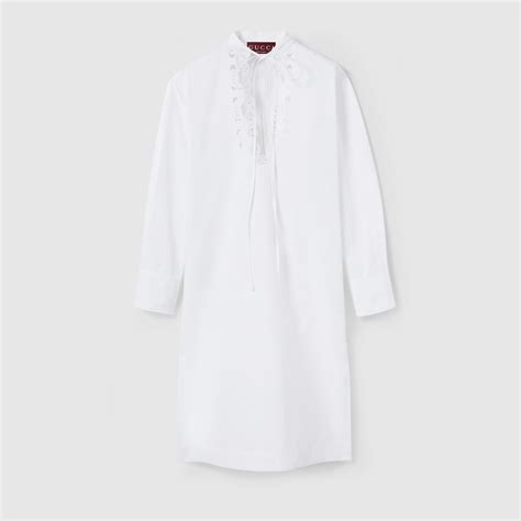 Cotton poplin shirt dress with embroidery in white | GUCCI® CA