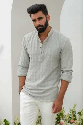 Buy Grey Linen Embroidery Geometric Short Kurta For Men by Amrit Dawani ...