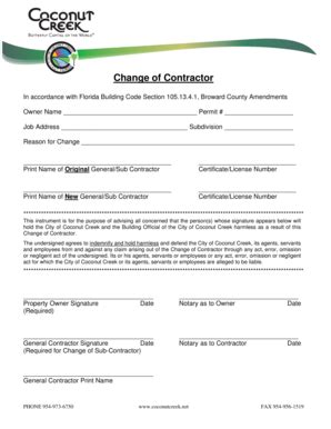 Fillable Online Change of Contractor Form - Coconut Creek Florida Fax ...