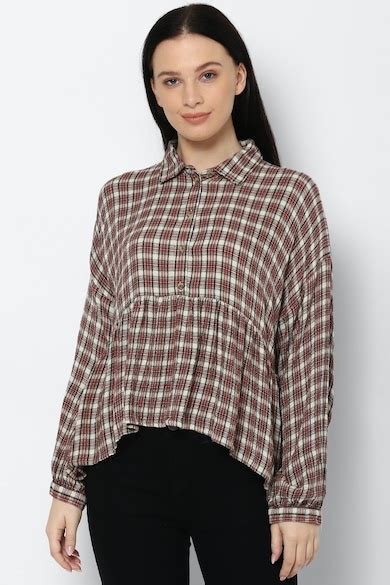Buy American Eagle Women Maroon Plaid Flannel Babydoll Shirt Online