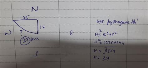 Rahul walks 12m north from his house and turns west to walk 35m to ...