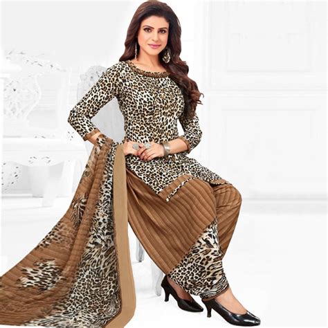 Brown Casual Wear Printed Leon Patiala Dress Material