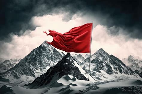 Red flag flapping in the wind on a snowy mountain peak created with ...
