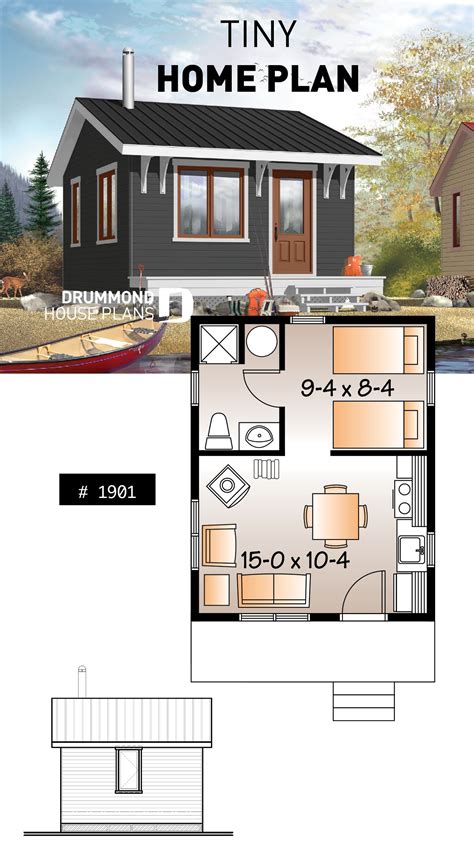 Tiny Cabin Home Plan with 1 Bedroom and Wood Stove