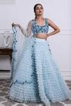 Buy Blue Tulle, Satin Embroidery Round Neck Ruffle Layered Lehenga Set ...