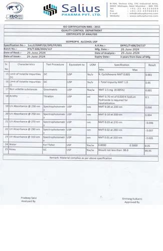Pharmaceutical Excipients - Isopropyl Alcohol 70% IP/BP/USP/Food Grade ...