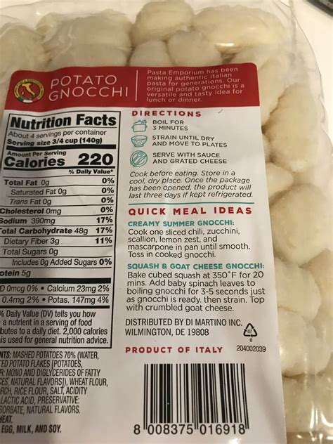 Gnocchi Pasta Nutrition Facts at Mike Friddle blog