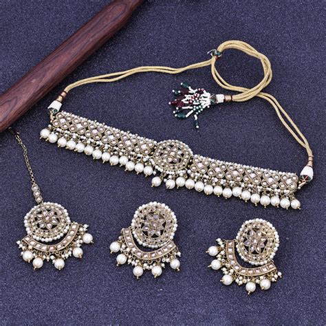 Sukkhi Lovesome White Gold Plated Pearl Choker Necklace Set With Maang ...