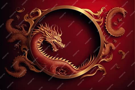 Premium Photo | Red chinese dragon in circle with flames on red