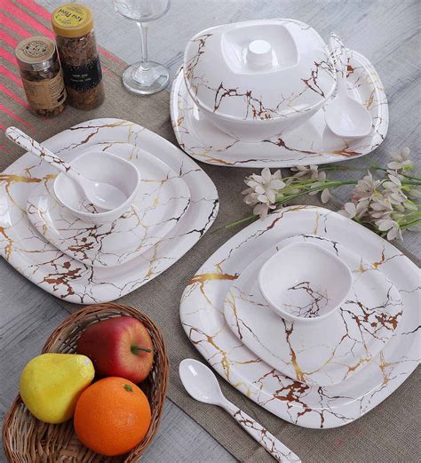 Buy Square 40 Pcs White & Gold Melamine Dinnerware Set at 62% OFF by ...