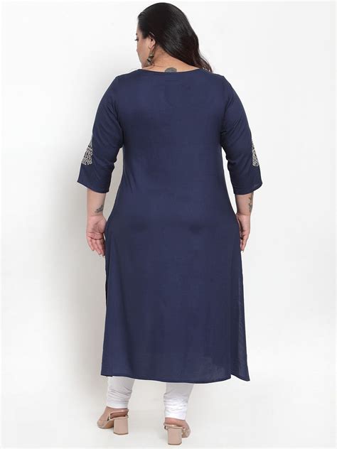 plusS Women Navy Blue White Embroidered Straight Kurta – pluss.in