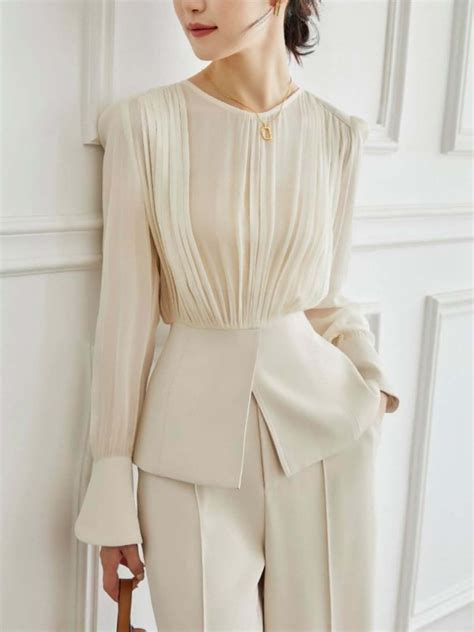 Women Plain Spring Elegant Polyester Natural No Elasticity Long sleeve ...