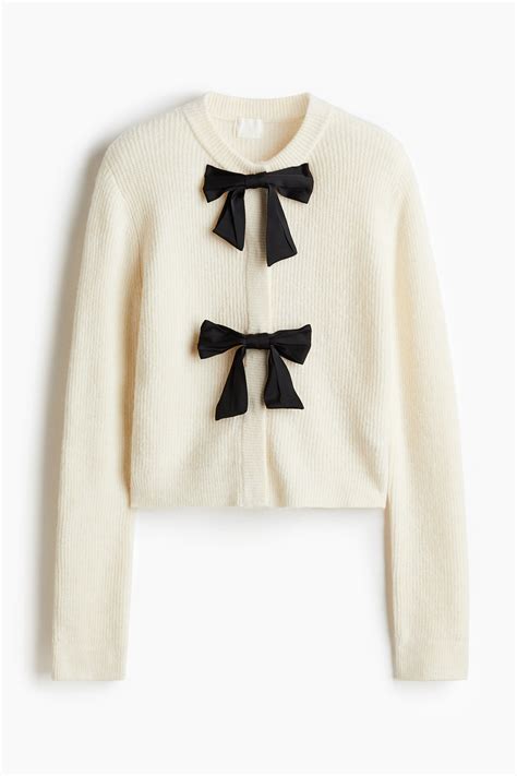 Bow-front rib-knit cardigan - Cream - Ladies | H&M GB