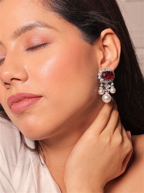 Ruby Red Diamante Pearls Dangling Earrings – Zevar King