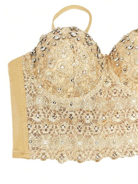 Women's Natural Reigning Lace Rhinestone Bustier Crop Top Sexy Mesh ...