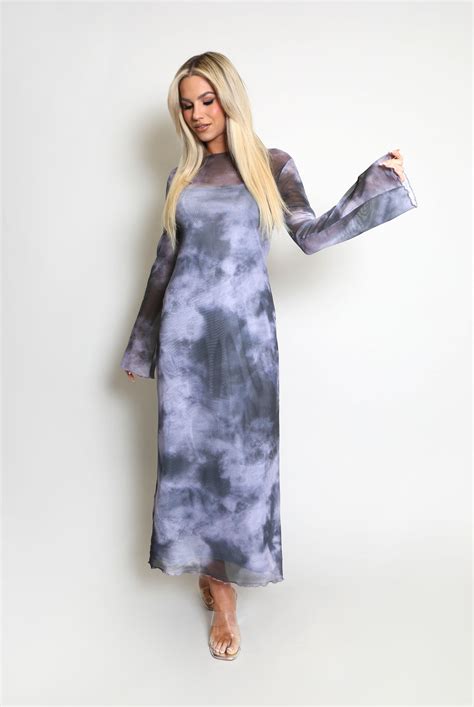 Tie Dye Print Mesh Long Sleeve Maxi Dress - Buy Fashion Wholesale in The UK