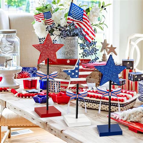 4th of July Tiered Tray Decor Wooden Star Set, 3 Pcs Memorial Day Table ...