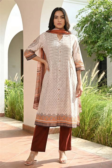 Buy Off White Floral Printed Straight Kurta with Trouser and Dupatta ...