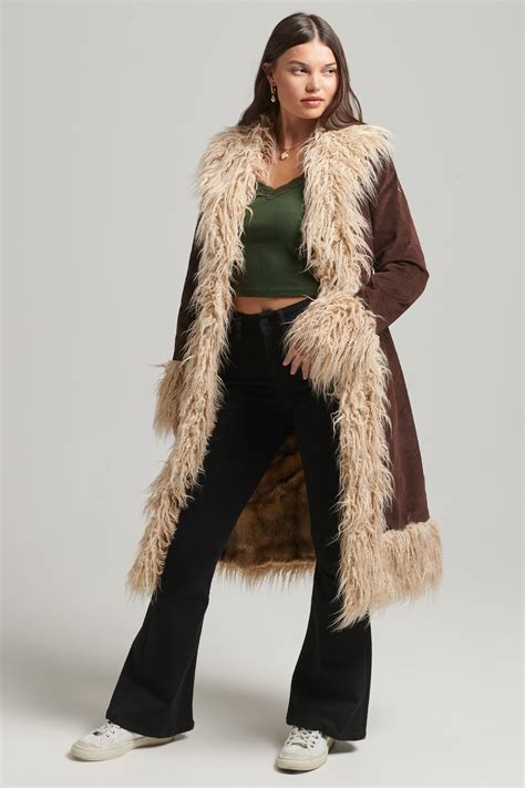 Womens Superdry Dark Brown Faux Fur Lined Longline Afghan Coat - dark ...