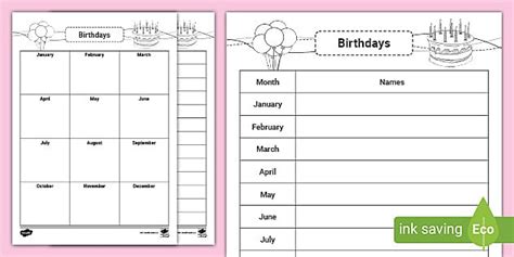 Editable Birthday Calendar Sheets (teacher made) - Twinkl