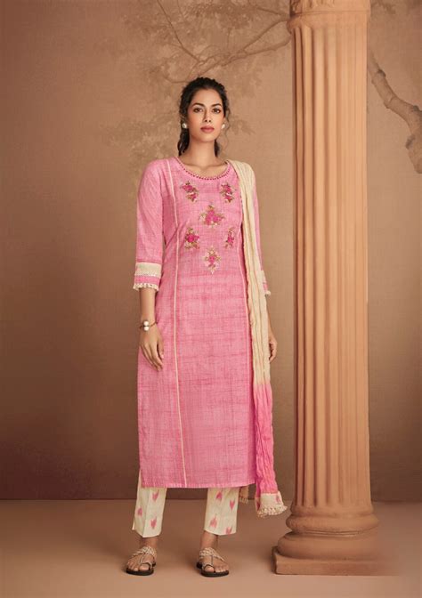 Elegant Pink Cotton Embroidered Salwar Suit with Cream Dupatta – Just ...