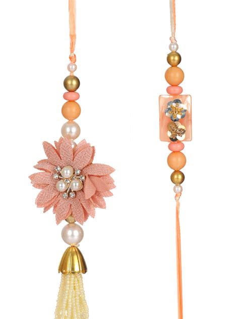 Priyaasi Peach Floral Lumba and Rakhi Set with Roli & Chawal