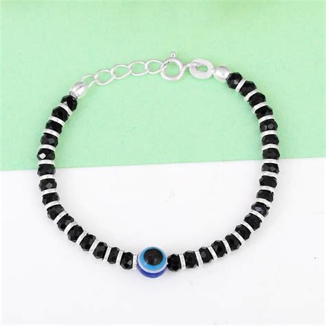 Pure Silver Black Bead Evil Eye Charm Bracelet/Anklet (Kids) – Matree ...