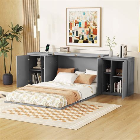 Red Barrel Studio® Jeltina Floor Murphy Bed with with Shelves, Cabinets ...