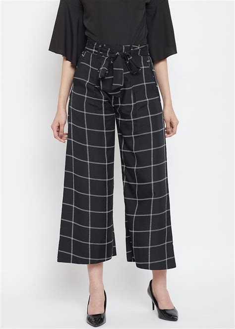 Get Waist Tie Detail Contrast Checkered Black Trousers at ₹ 499 | LBB Shop
