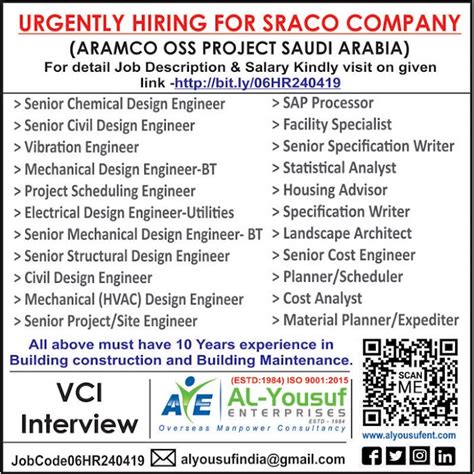 SRACO COMPANY JOBS : FOR SAUDI ARAMCO PROJECT : AL YOUSUF ENTERPRISES