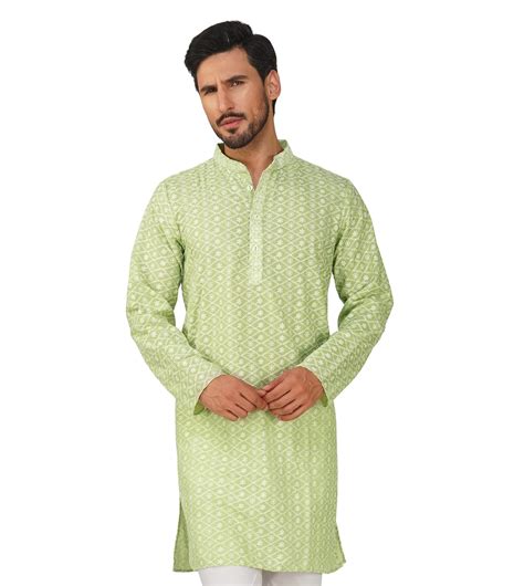 Buy Vastraa Fusion Men's Chikan Embroidery Kurta Pure Cotton Long Kurta ...