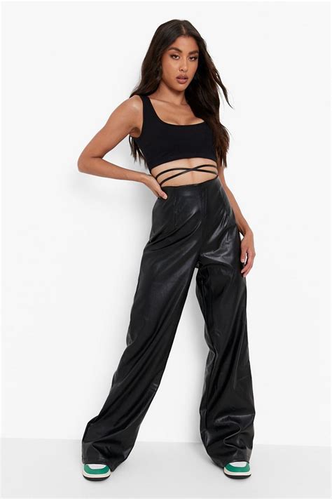 Tie Waist Leather Look Pu Wide Leg Trouser | boohoo UK