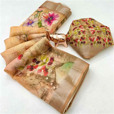 Pretty Warm Peach Shimmer Cotton Saree With Floral Digital Print & Des