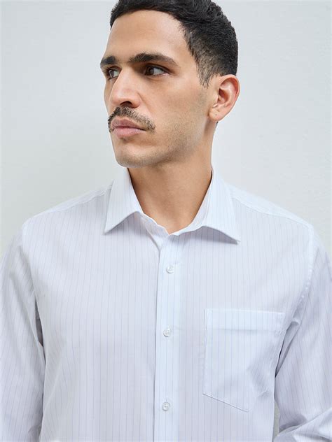 Buy WES Formals Blue Striped Slim-Fit Cotton Shirt from Westside